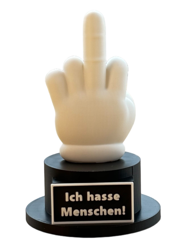 Mittelfinger Statue als Trophäe mit Beschriftungstafel in matt weiß