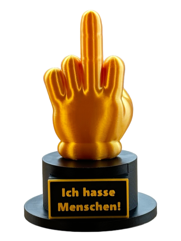 Mittelfinger Statue als Trophäe mit Beschriftungstafel in Farbe Gold